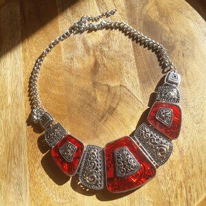 Geometric Red Acrylic Silver Toned Metal Bib Choker Necklace Adjustable Length